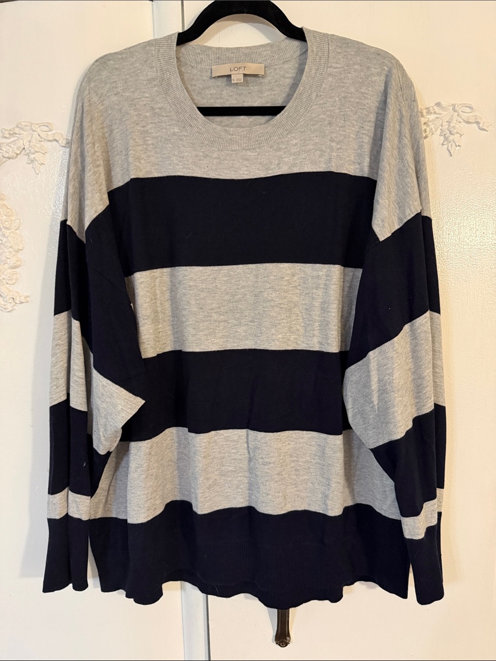 LOFT Gray and Navy Striped Crewneck Sweater